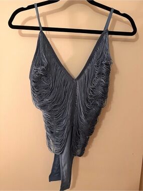 Pretty Little Things Fringe V-Neck Sleeveless Bodysuit in Slate Blue